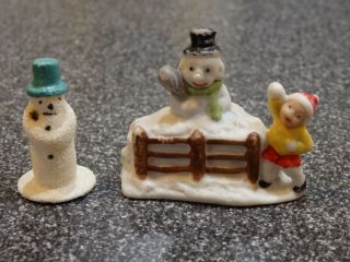 Vintage German Bisque Snowman With Child And Small Corelene German Snowman