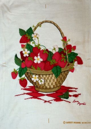 Vtg Completed Strawberry Basket Crewel Embroidery Picture Fancy Stitches 14x18