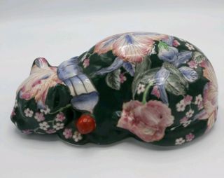 Vintage Chinese Ceramic Porcelain Hand Painted Peony Lucky Sleeping Cat