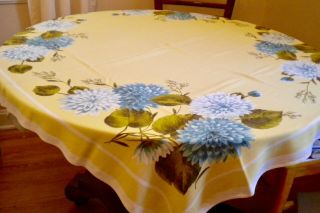 Vintage Tablecloth Floral Blue White Yellow/greens 50 X 55