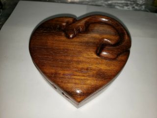 Vintage Hand Carved Wooden Heart Puzzle Trinket Box Signed 