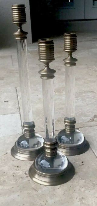 Set 3 Vintage Heavy Mid Century Brass & Lucite Candle Holders 16” & 13”