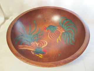 Vintage Munising Large Wood Bowl With Hand Painted Roosters At Center