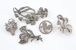 5 X Vintage.  925 Sterling Silver Floral Marcasite Brooches Inc Giardinetto (40g)