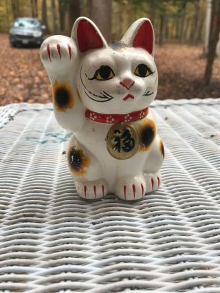 Vintage Beckoning Lucky Fortune Ceramic Maneki Neko Cat Piggy Bank Japan Kitty
