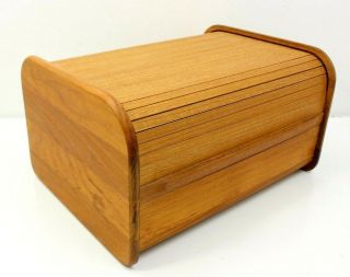 Vintage Mcm Modern Kalmar Roll Top Teak Wood Tambour Desk Organizer Cd Storage