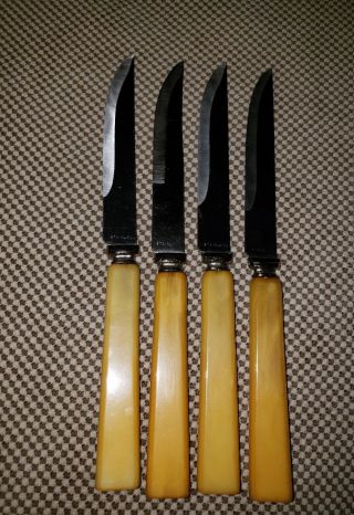 Vintage 4 Stainless Steel Steak Knives Cutlery Flatware Yellow Bakelite Handles