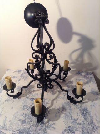 Vintage French 5 Arm Wrought - Iron Gothic Chandelier Ceiling Light (3680)