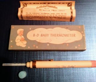 Bd Vintage B - D Baby Thermometer Glass With Box,  Case,  Paperwork 1951