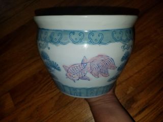 Antique Vintage Chinese Porcelain Blue/ Pink Koi Fish Jardiniere Planter Pot