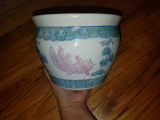 ANTIQUE VINTAGE Chinese Porcelain Blue/ Pink KOI Fish Jardiniere Planter Pot 3