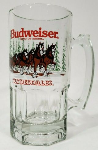 Vintage Budweiser Clydesdale Holiday Clear Large 8 " Tall Beer Mug Glass 1989