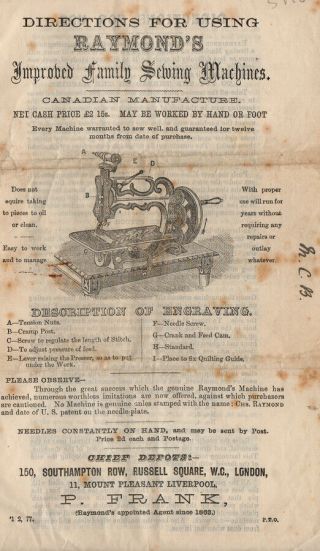 Antique hand - crank sewing machine directions Raymond 1870s 2