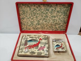 Vintage Memory Of Japan Cigarette Lighter & Case Set / Box
