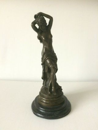 Vintage/antique Bronze Figurine Semi Nude Woman On Marble Base