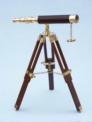 Nautical Brass Leather Telescope 14 Inch With Wooden Tripod Navigational Vintage
