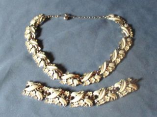 Vintage Crown Trifari Clear Rhinestone White Enamel Necklace & Bracelet Set