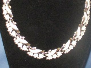 Vintage CROWN TRIFARI Clear Rhinestone White Enamel Necklace & Bracelet Set 3