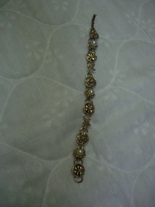 Vintage Antique Style Gold Filigree/pearl Accents Link 7.  5 " Bracelet/box Clasp