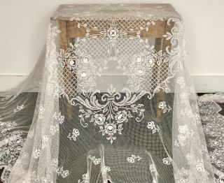 Vintage Large Lace Curtain Panel Swags & Roses Stunning