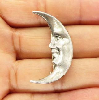 925 Sterling Silver - Vintage Petite Crescent Moon Face Brooch Pin - Bp3646