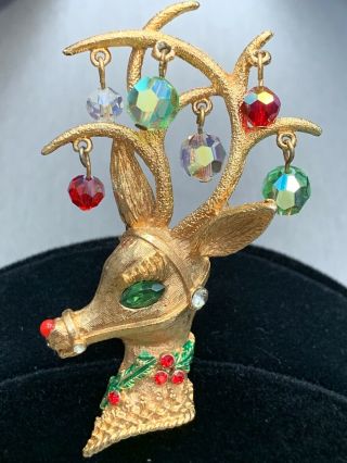 Vintage Brooch Pin Signed Mylu,  Christmas Rudolph Red Nose Ab Rhinestone Crystal