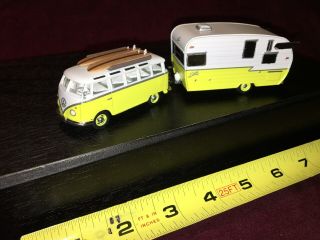 Vtg Tin Toy Vw Van With Shasta Trailer Surf Board Old Toy Nos.