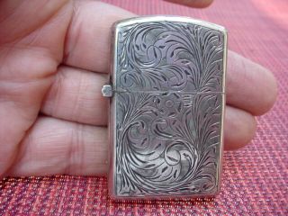 Round Top Italian 800 Silver Etched Lighter Case For Zippo Insert Made In Italy