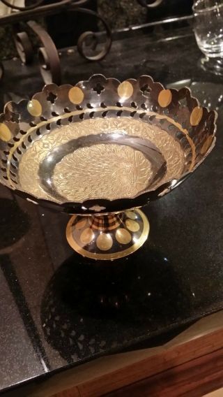 Vintage Solid Brass Carved Pedestal Bowl - Cut - Outs,  Peacock And Floral Design