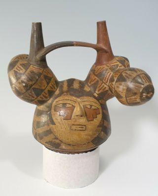 Pre - Columbian Style Nazca Polychrome Double Spout Bridge Vessel W Two Faces