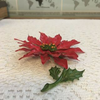 Vintage HUGE Poinsettia Red Enamel On Metal Christmas Pin Brooch 4 1/2 x 3 5/8 