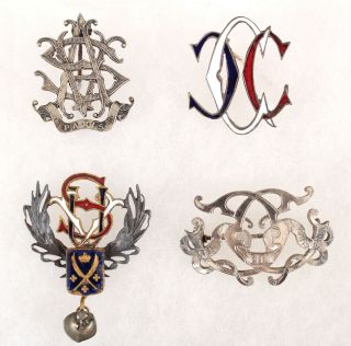 4 Rare 19th Century Antique Bicycle Club Pins,  Silver,  Enamel,  Crest,  Paris Nr
