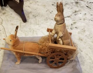 Old Antique Vtg C 1900s Paper Mache Candy Container Rabbit Pulling Cart 12 " Long