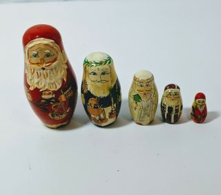 Vintage Russian Style Santa Nesting Dolls Wooden Christmas Set Of 5
