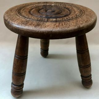 Vintage French 3 Legged Milking Stool With Turned Wood Legs & Turned Round Seat