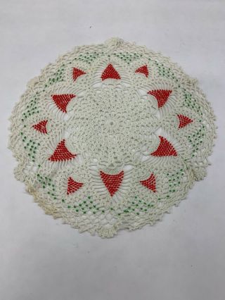 Vintage Red Green Beads White Doily Handmade Crocheted 10” Christmas