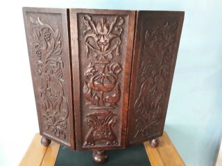 Arts And Crafts Carved Oak Fire Screen - Birds,  Fish,  Dragons,  Devil,  Foliage