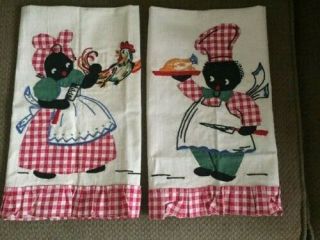 2 Vintage Aunt Jemima Uncle Moses Dish Towels Hand Embroidered Black Americana