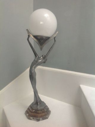 Large Aluminium Art Deco,  Table Lamp Of A Nude Female Figure With Globe Shade