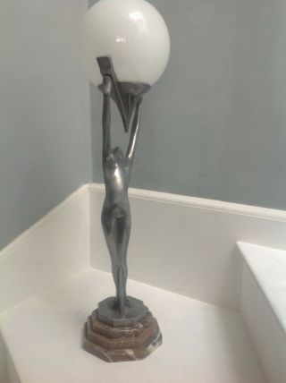 Large Aluminium Art Deco,  table lamp of a nude female figure with globe shade 2