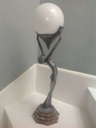 Large Aluminium Art Deco,  table lamp of a nude female figure with globe shade 3