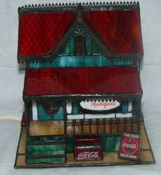 1999 The Franklin Coca Cola Stained Glass Antique Store Lighted House Euc