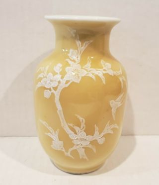 5 " Vintage Jingdezhen Porcelain Vase Yellow Glaze W/ White Hand Painted Flowers