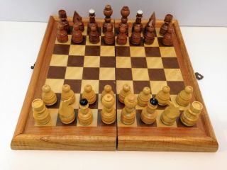 Vintage Wooden Chess Set 13 " Folding Board Travel Storage Case Wood Grain
