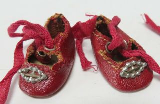 Antique Doll Shoes Small Red With Silver Buckle And Ties " 4/0 "