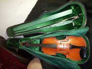 Antique Violin W Bow And Green Velvet Lined Case