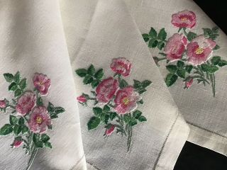 Gorgeous Vintage Irish Linen Hand Embroidered Tablecloth Wild Roses
