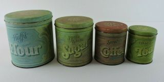 Ballonoff Set Of 4 Tin Nesting Kitchen Canisters Flour Sugar Coffee Tea Vintage