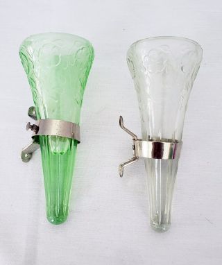 Antique Car Glass Flower Green And Clear Pair Bud Vase With Brackets