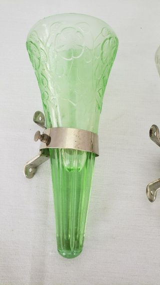 Antique car glass flower green and clear pair Bud Vase with brackets 2